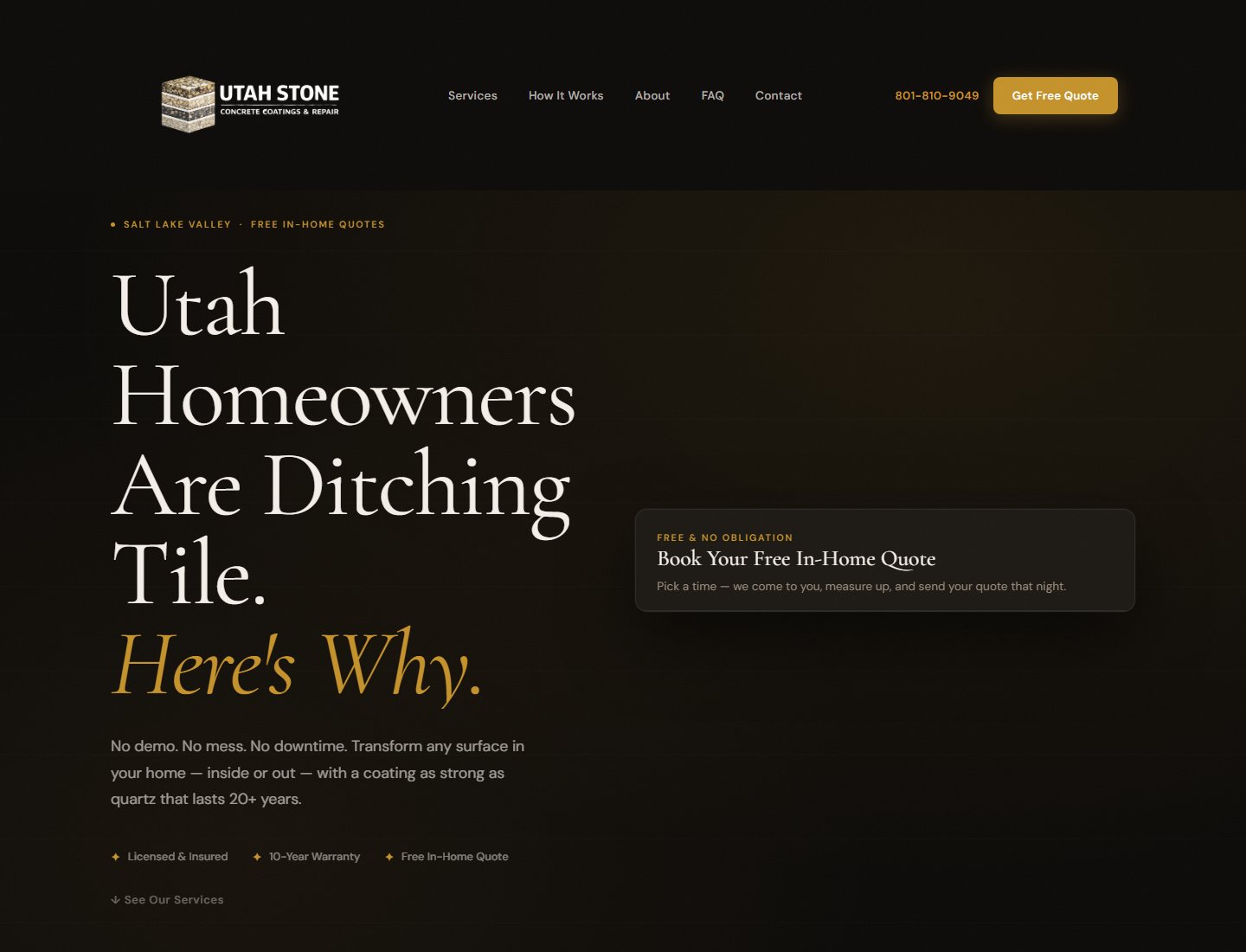 Homepage of a custom website we built for a Utah stone and microcement company